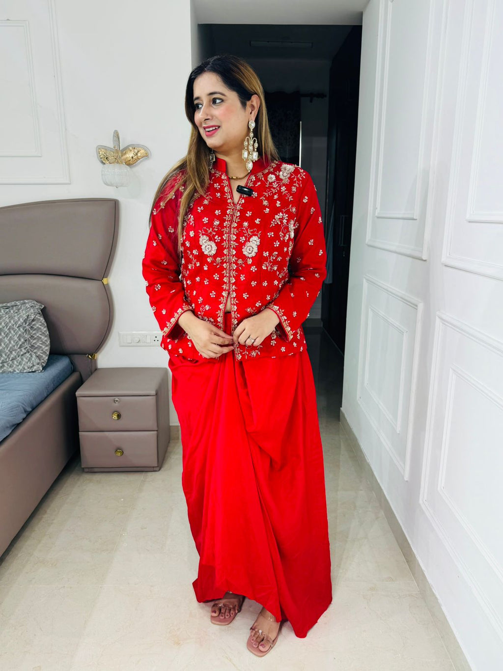 Suhavani💫 | Red Drape Skirt Set with Hand Embellished Long Jacket
