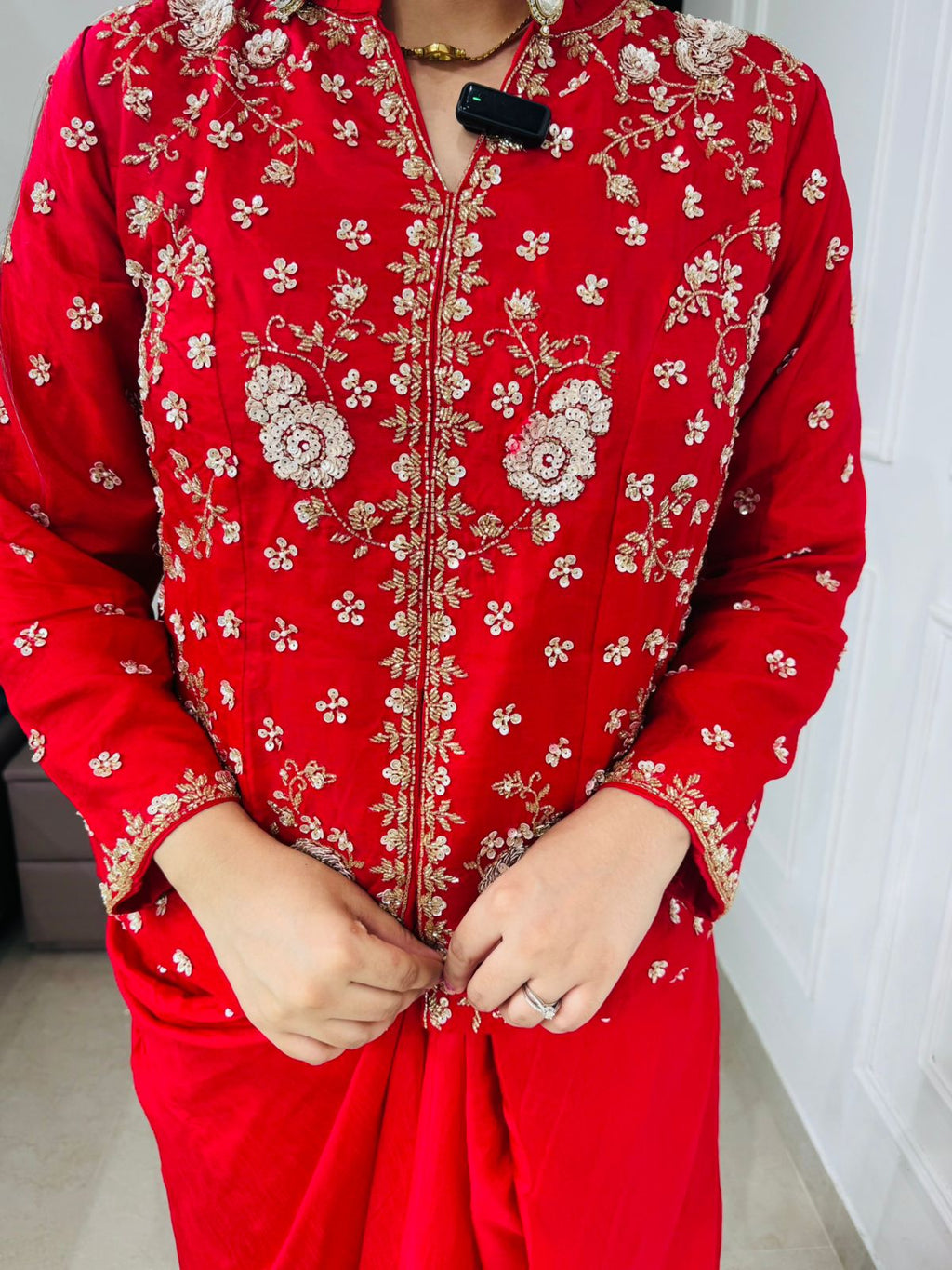 Suhavani💫 | Red Drape Skirt Set with Hand Embellished Long Jacket