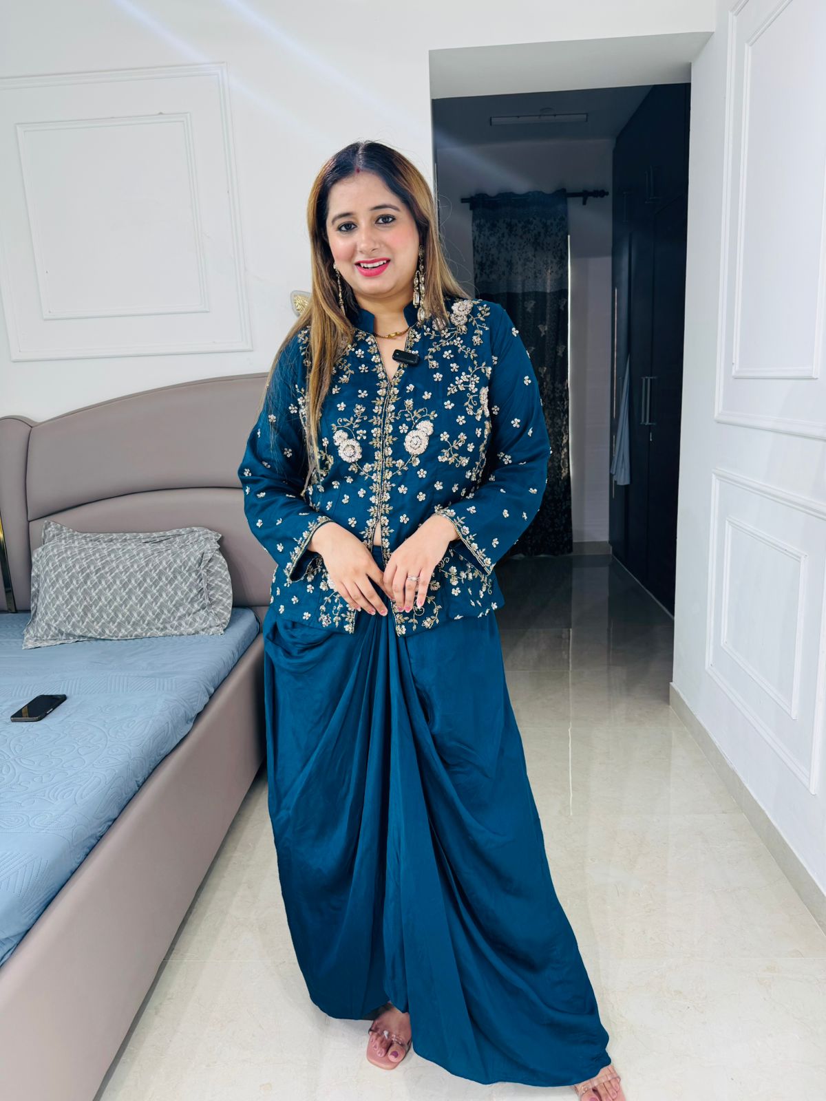 Suhavani💫 | Teal Blue Drape Skirt Set with Hand Embellished Long Jacket