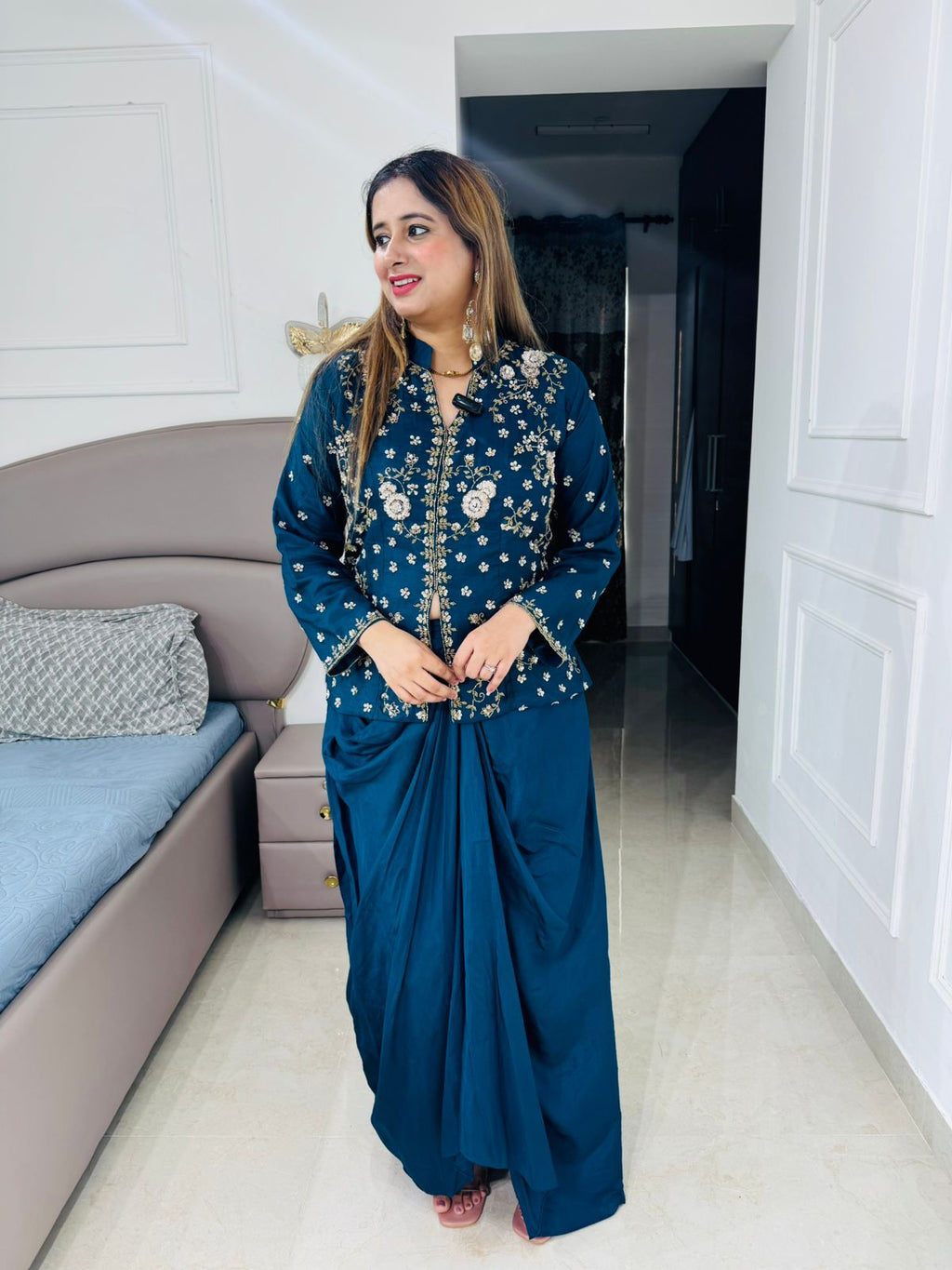 Suhavani💫 | Teal Blue Drape Skirt Set with Hand Embellished Long Jacket