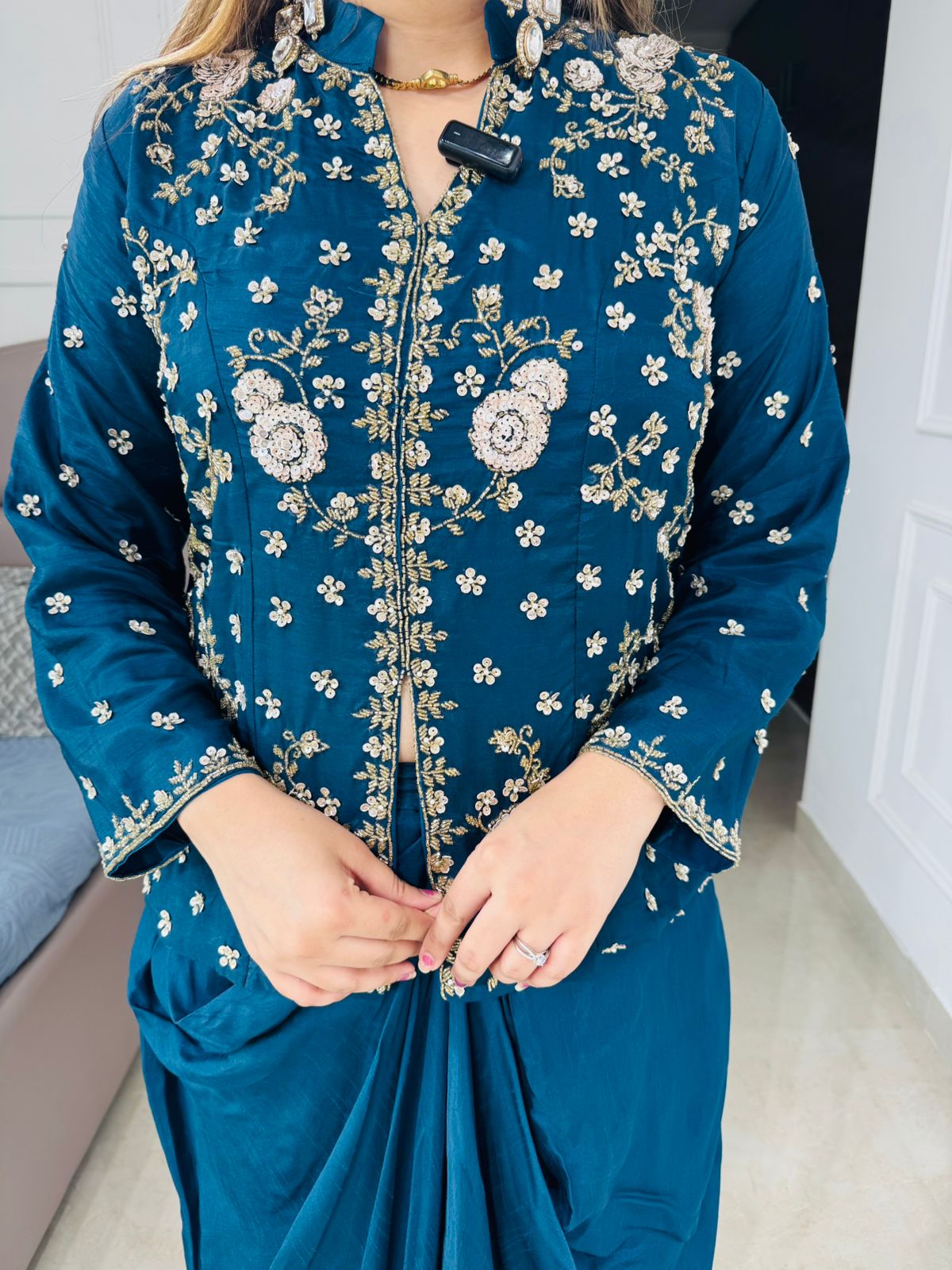 Suhavani💫 | Teal Blue Drape Skirt Set with Hand Embellished Long Jacket
