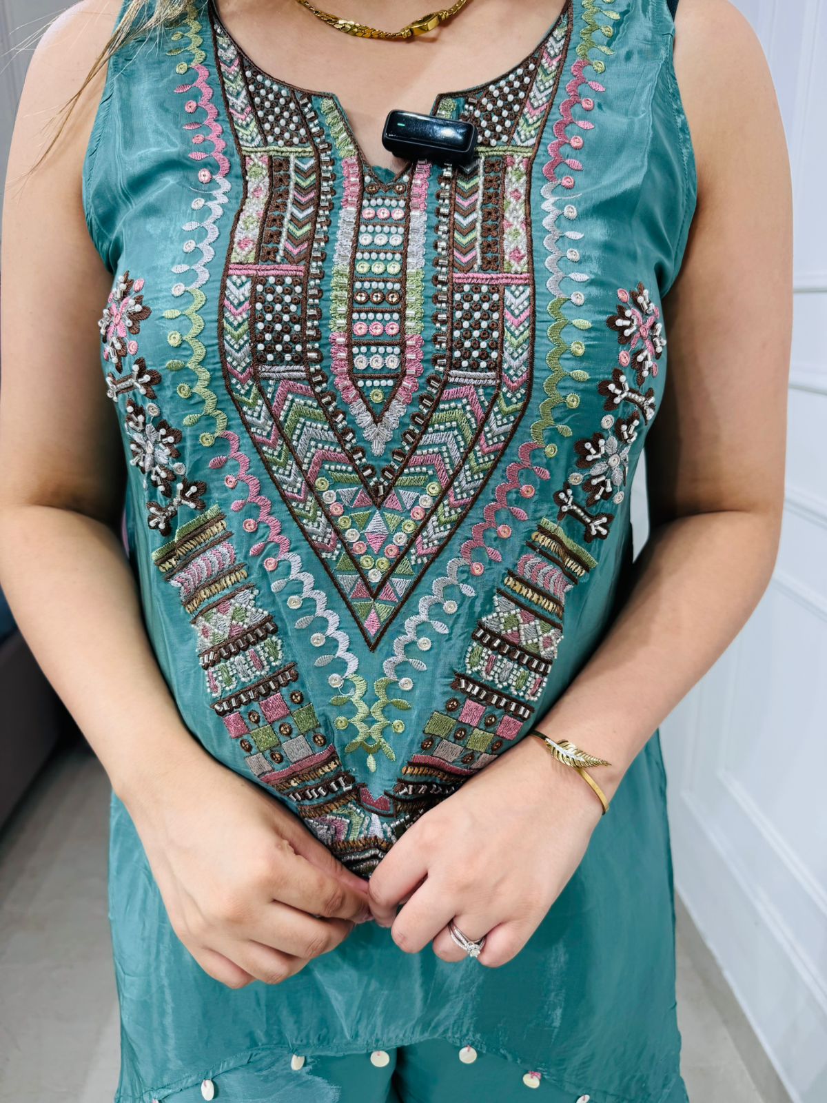 Sugana✨ | Aqua Blue Embroidered Angrakha Top with Flared Palazzo Suit Set