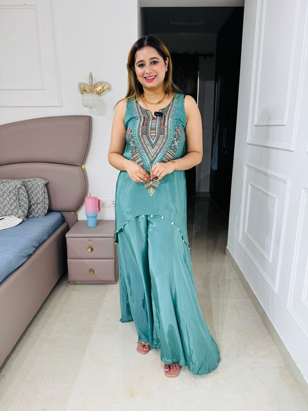 Sugana✨ | Aqua Blue Embroidered Angrakha Top with Flared Palazzo Suit Set