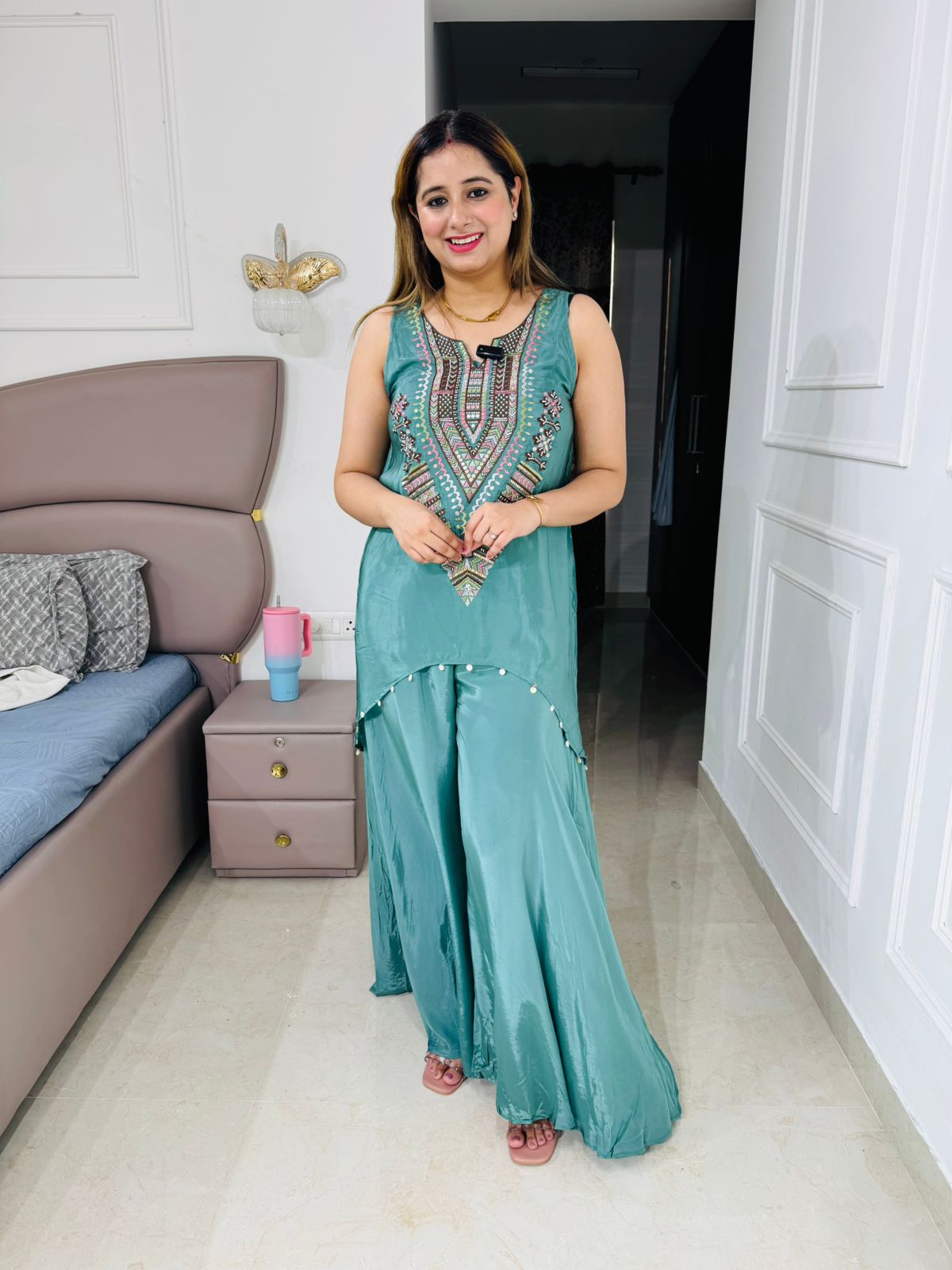 Sugana✨ | Aqua Blue Embroidered Angrakha Top with Flared Palazzo Suit Set