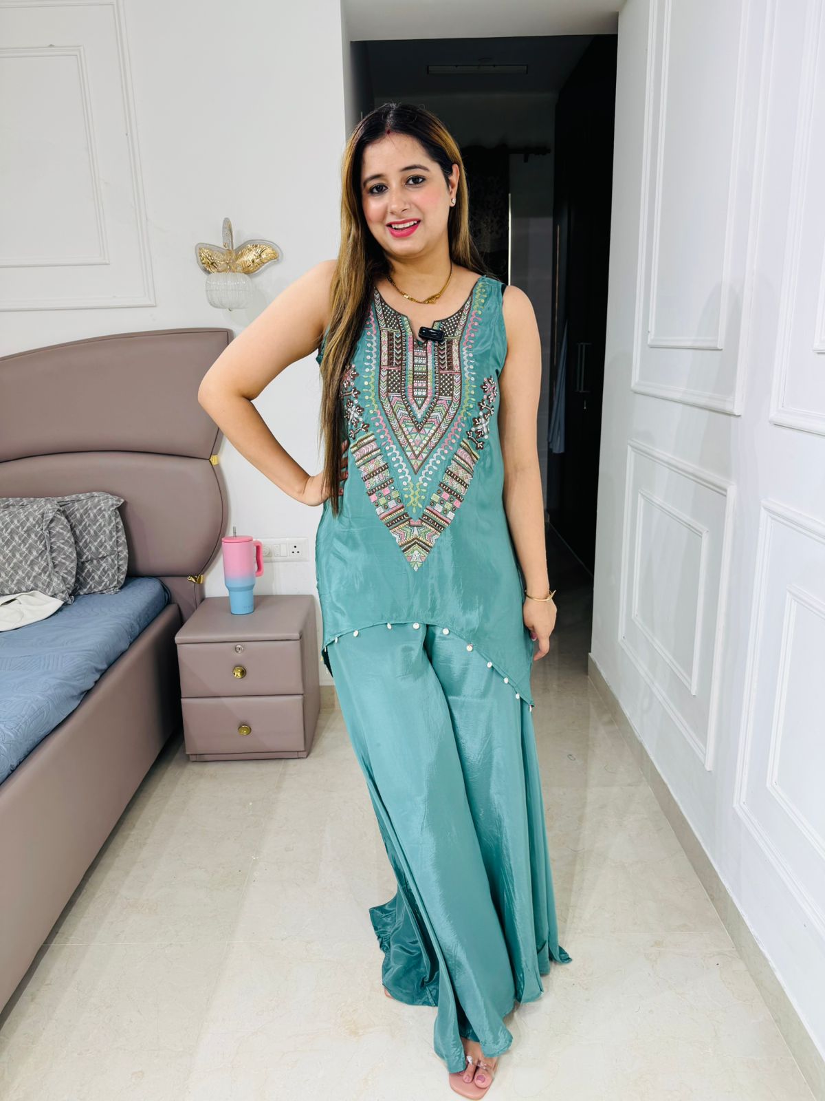 Sugana✨ | Aqua Blue Embroidered Angrakha Top with Flared Palazzo Suit Set