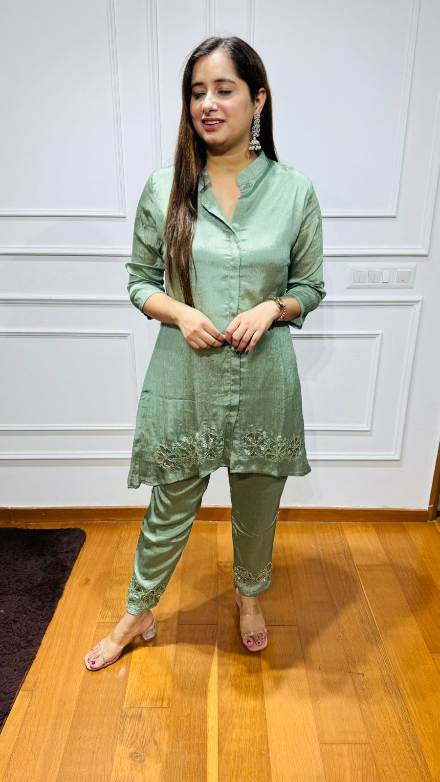 Mohi🔥 | Designer Olive Satin Suit Set with Hand Embellished Hem