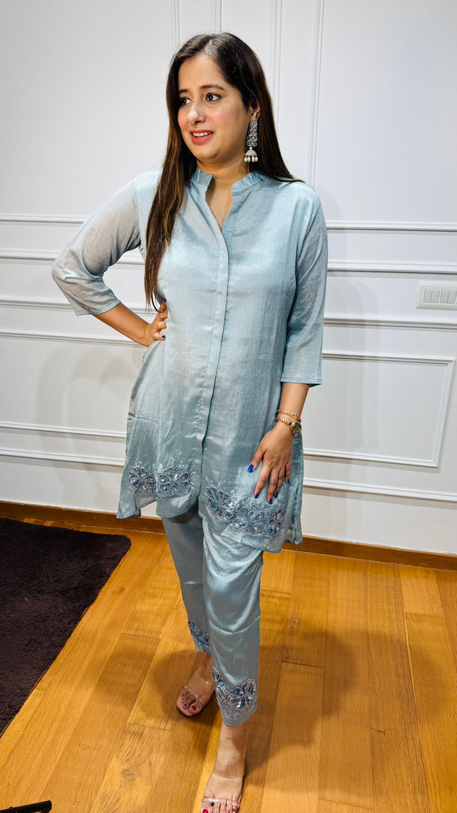 Mohi🔥 | Designer Light Blue Satin Suit Set with Hand Embellished Hem