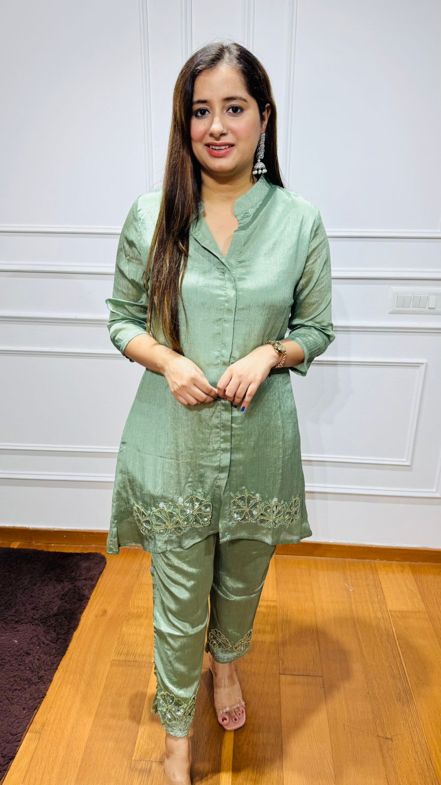 Mohi🔥 | Designer Olive Satin Suit Set with Hand Embellished Hem