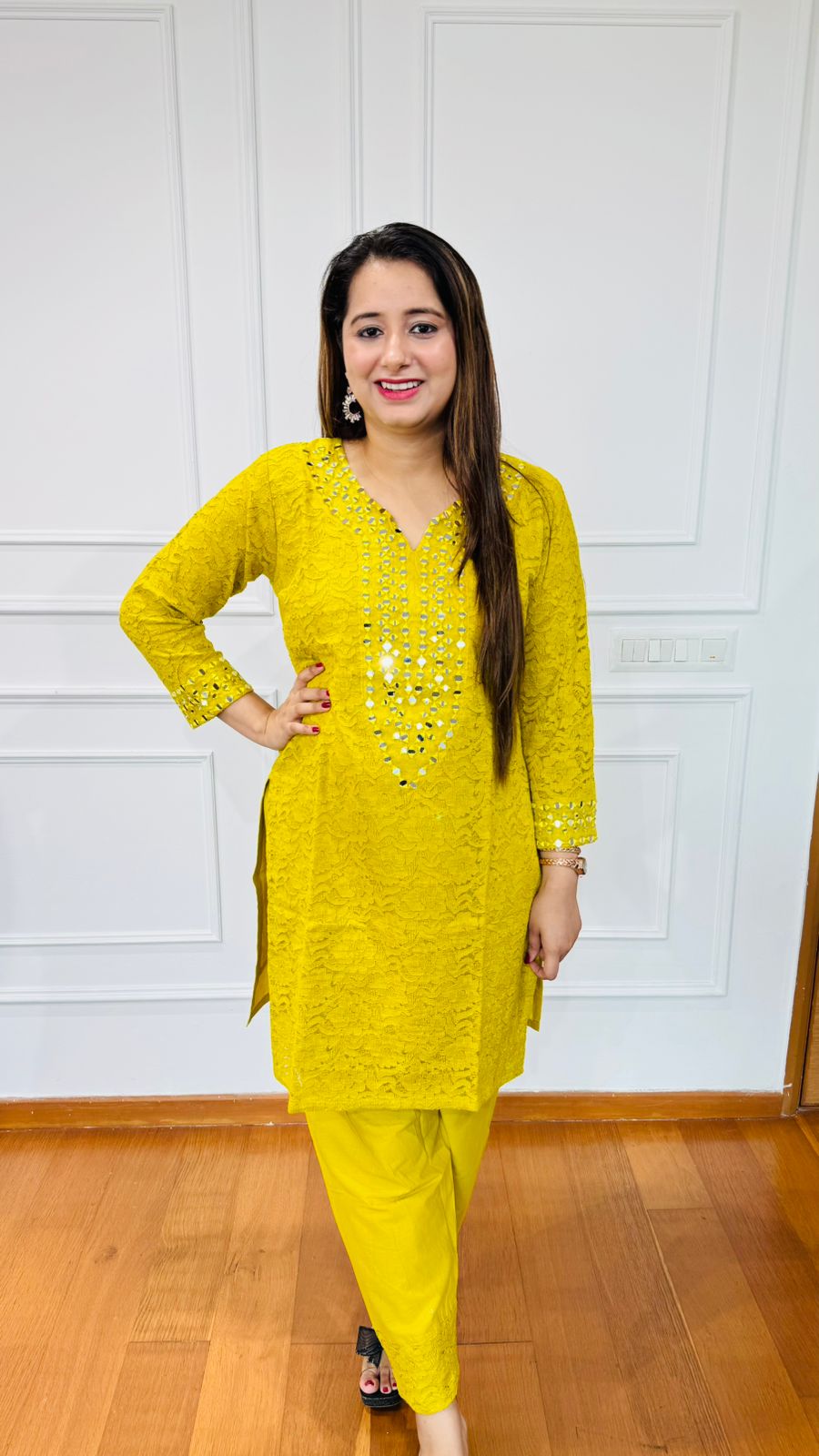 Ragi🌾 | Designer Lemon Yellow All-Over Lace Set with Mirror Embroidery