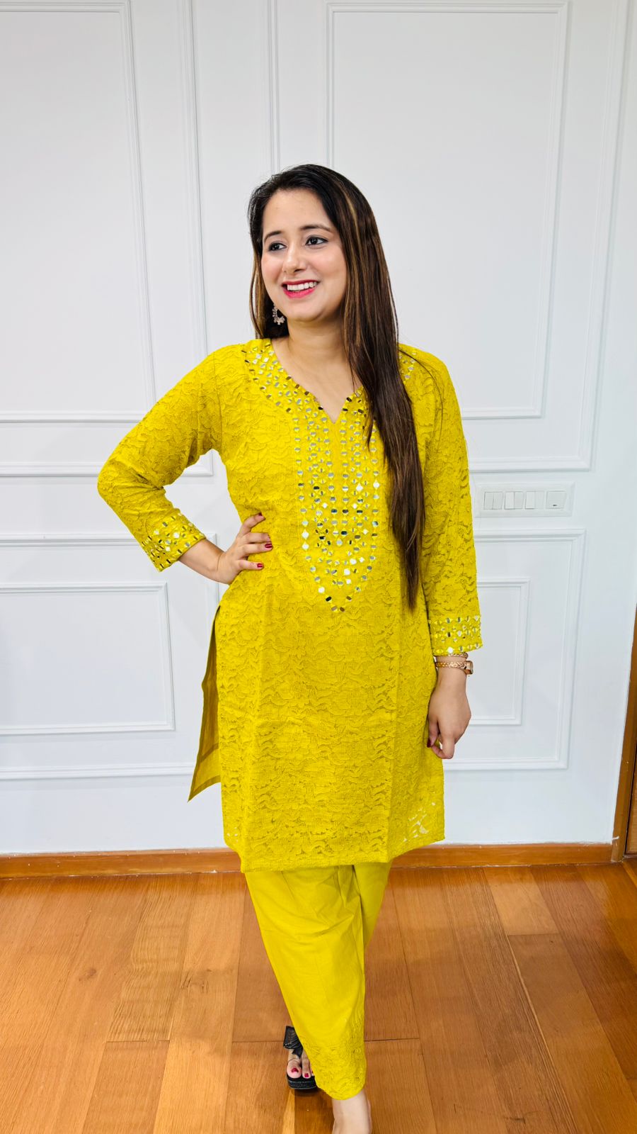 Ragi🌾 | Designer Lemon Yellow All-Over Lace Set with Mirror Embroidery