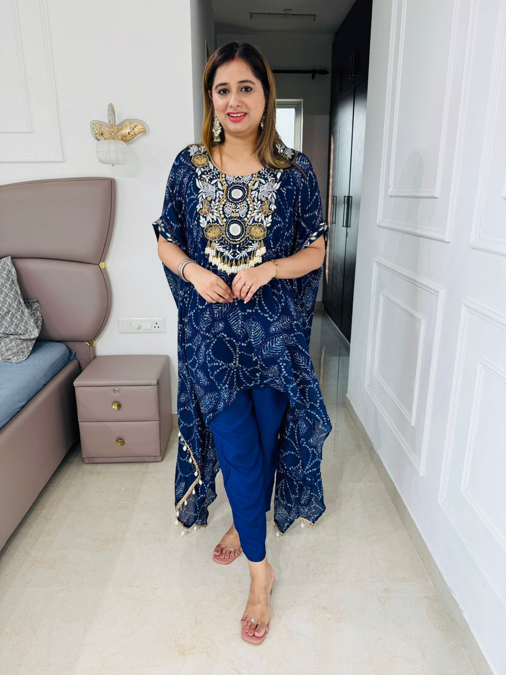 Stella🌃 | Navy Blue Bandhej Print Kaftan Set with Antique Neck Embellishment