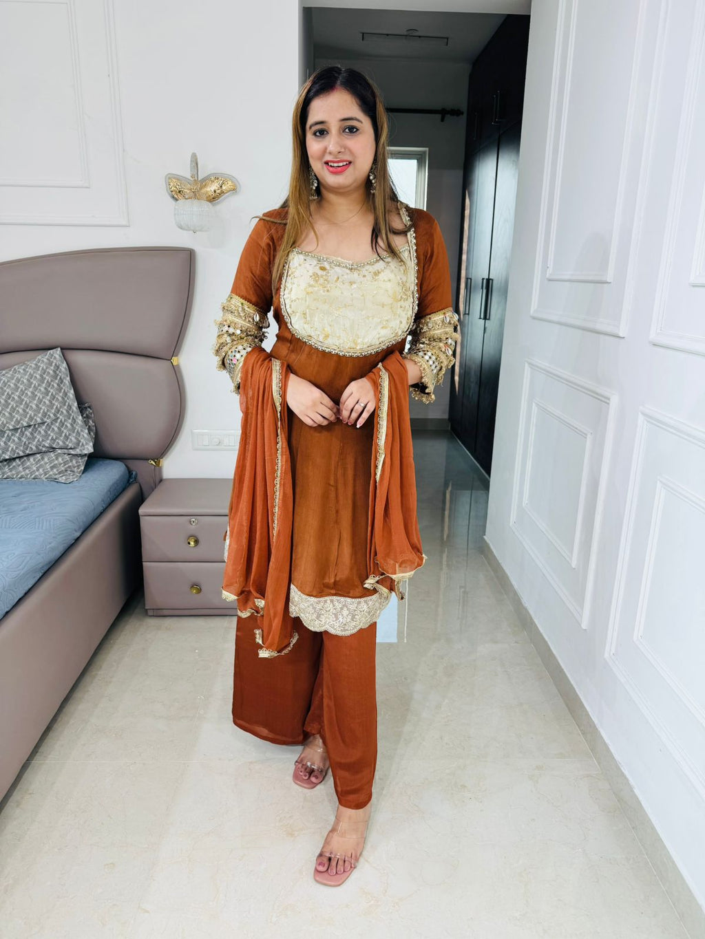 Vatika✨ | Designer Golden Brown Peplum Suit Set with Heavy Gota and Mirror Work