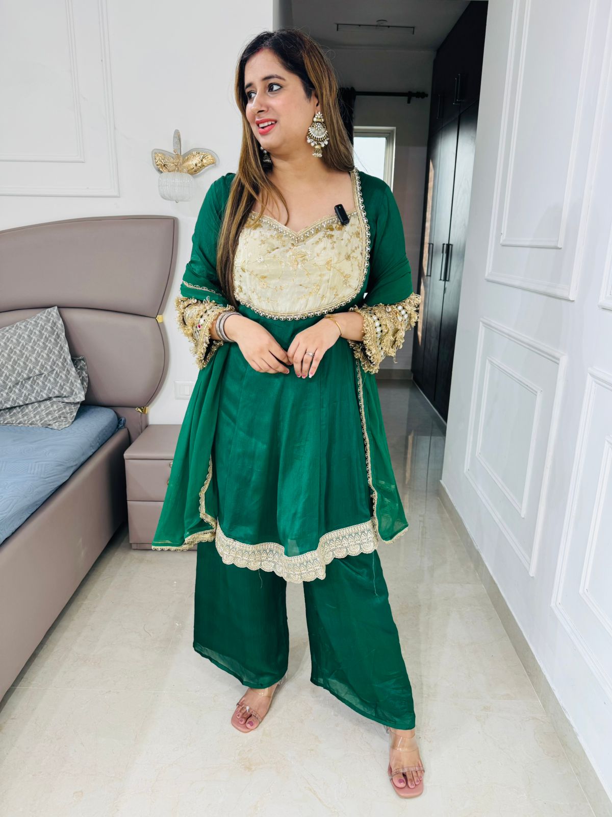 Vatika 🌿 | Bottle Green Short Anarkali Set with Pearl and Mirror Work