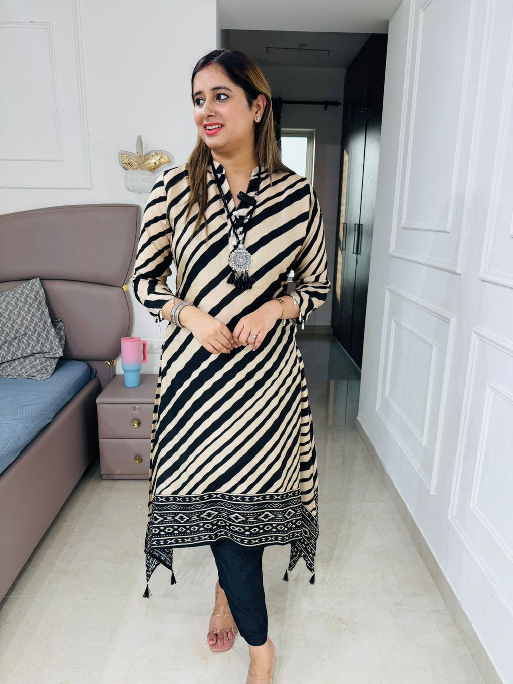 Vanii✨ | Designer Black and Cream Diagonal Stripe Set with Ethnic Motif Border