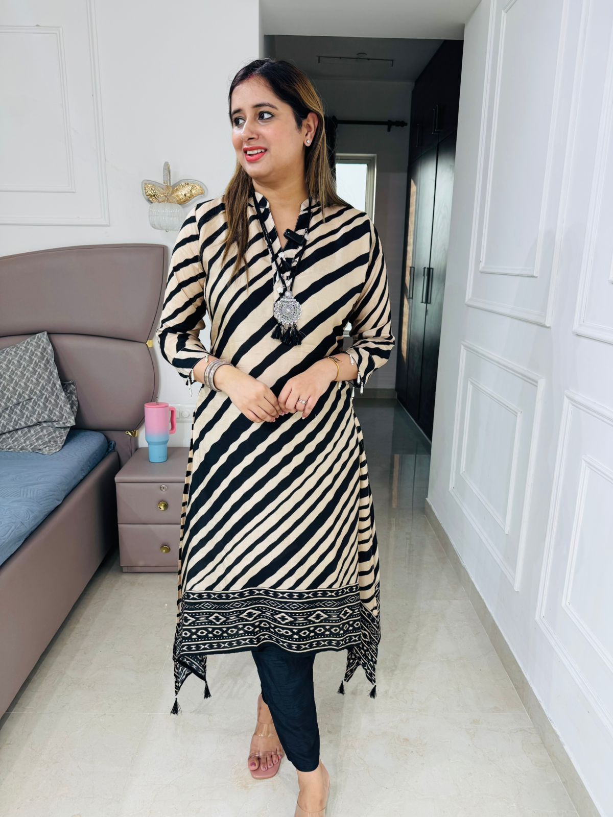 Vanii✨ | Designer Black and Cream Diagonal Stripe Set with Ethnic Motif Border