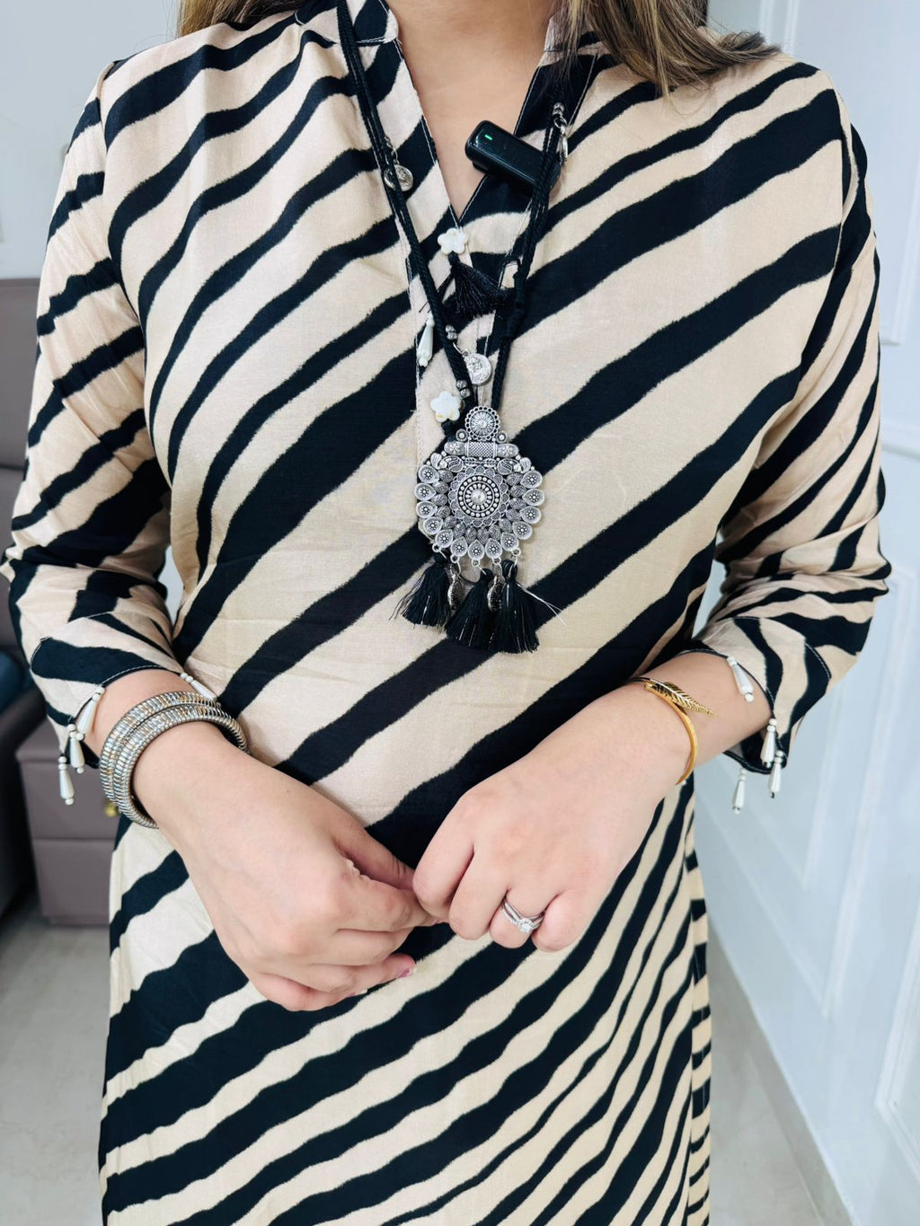 Vanii✨ | Designer Black and Cream Diagonal Stripe Set with Ethnic Motif Border