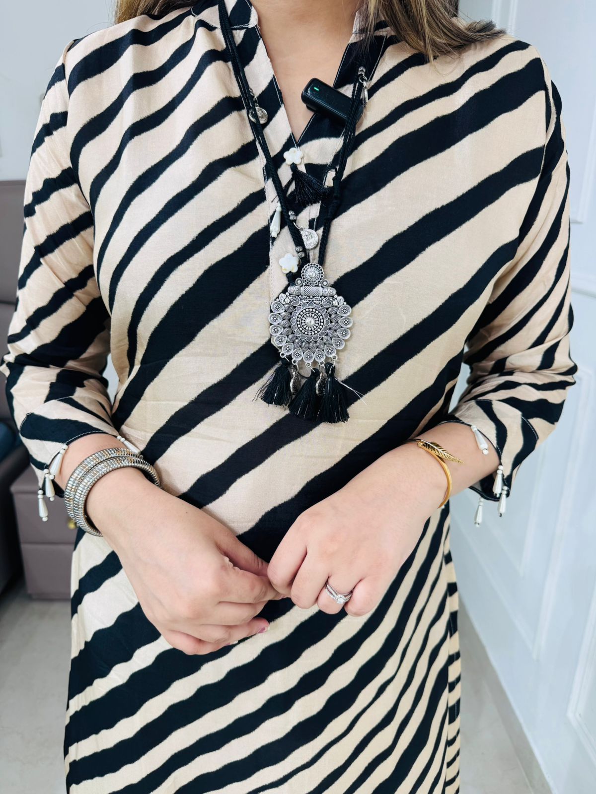 Vanii✨ | Designer Black and Cream Diagonal Stripe Set with Ethnic Motif Border