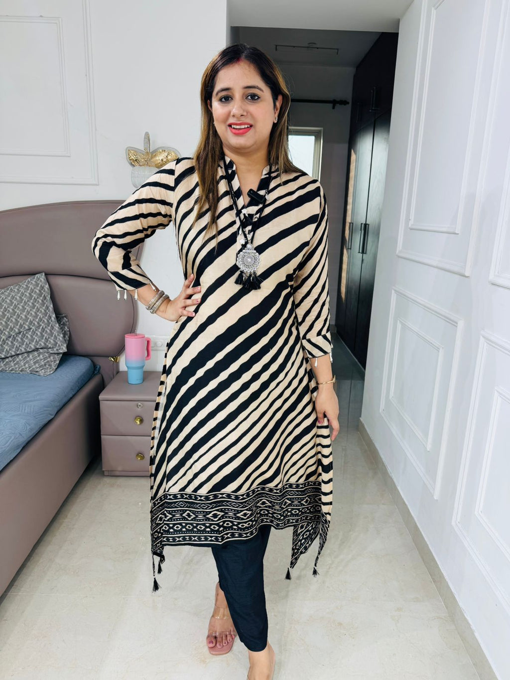 Vanii✨ | Designer Black and Cream Diagonal Stripe Set with Ethnic Motif Border