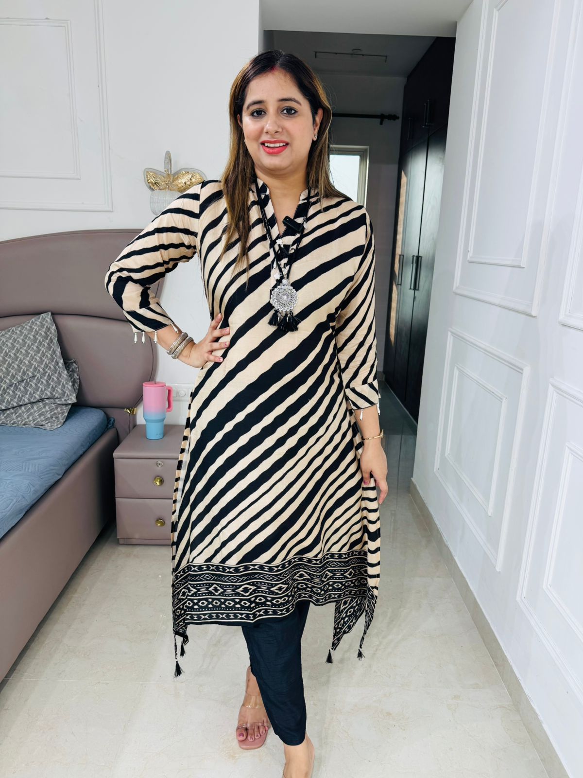 Vanii✨ | Designer Black and Cream Diagonal Stripe Set with Ethnic Motif Border