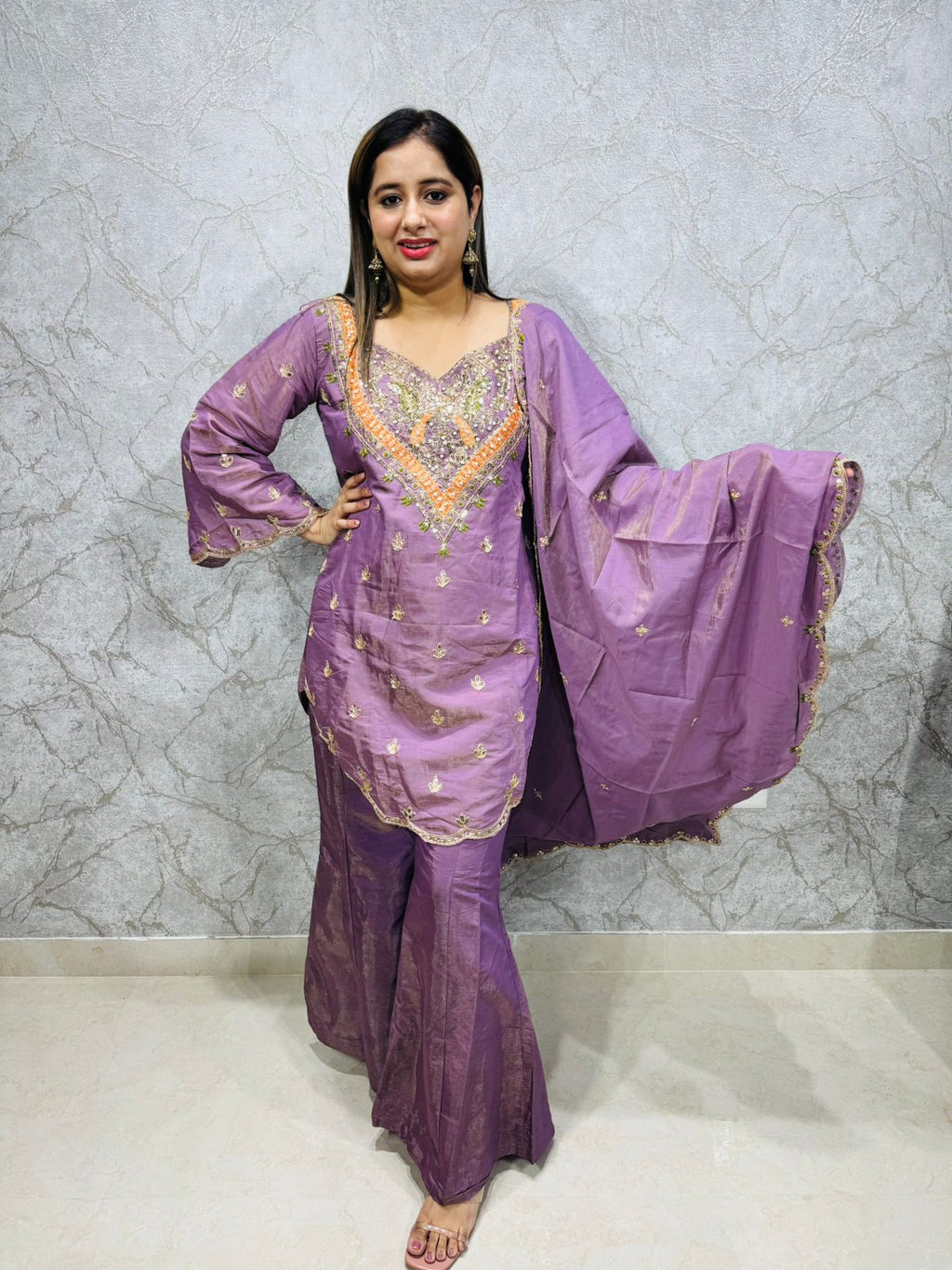 Lamina🪴 | Designer Lilac Embroidered Straight Suit with Gota Detailing and Sharara
