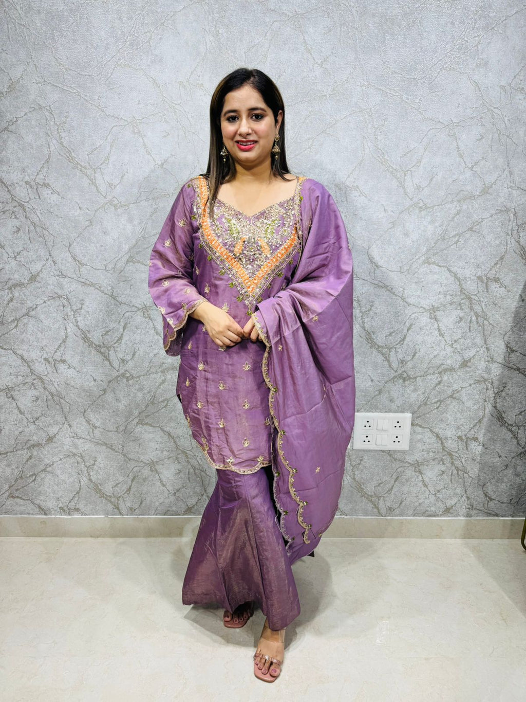 Lamina🪴 | Designer Lilac Embroidered Straight Suit with Gota Detailing and Sharara