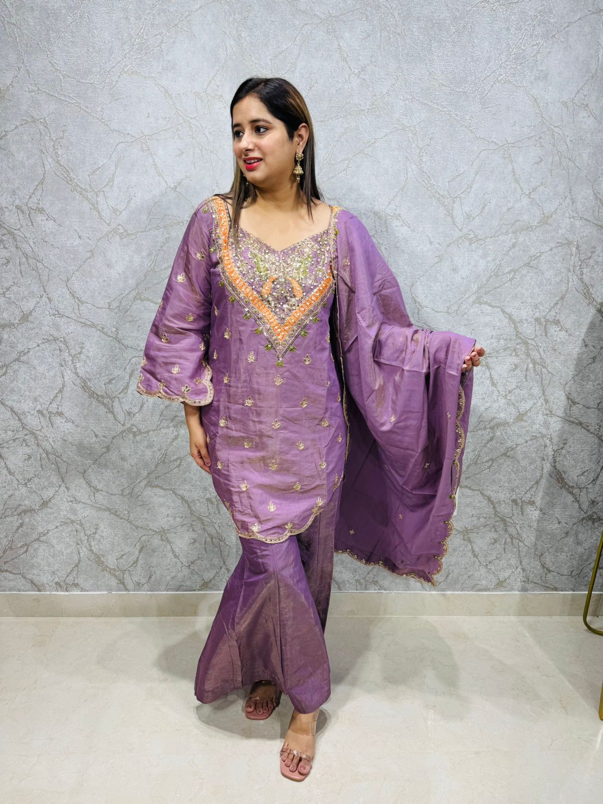Lamina🪴 | Designer Lilac Embroidered Straight Suit with Gota Detailing and Sharara