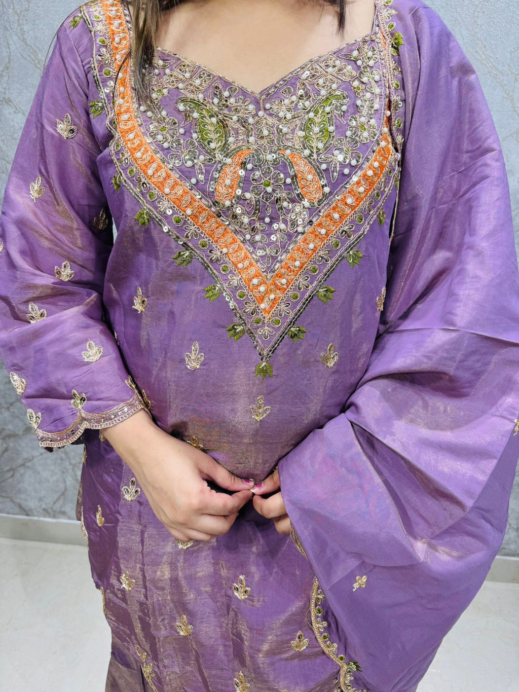 Lamina🪴 | Designer Lilac Embroidered Straight Suit with Gota Detailing and Sharara