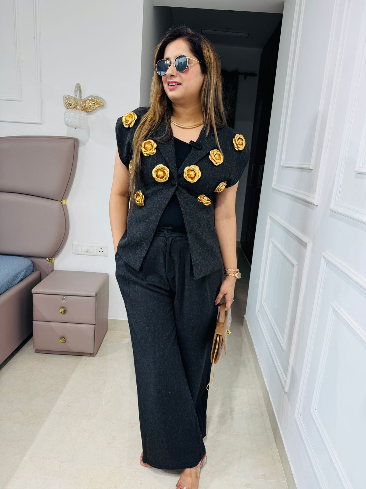 Mehreen🌸 | Chic Black Structured Coord Set with Handcrafted Gold Floral Motifs