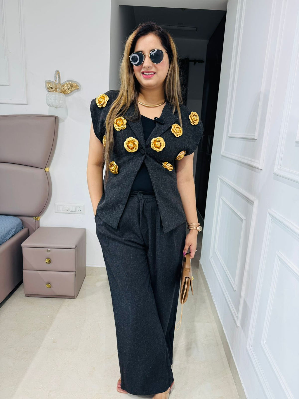 Mehreen🌸 | Chic Black Structured Coord Set with Handcrafted Gold Floral Motifs