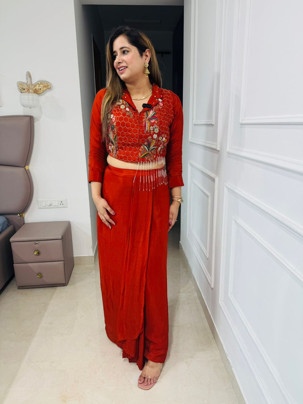 Avira✨ | Designer Orange-Red Drape Set with Fringe & Threadwork Jacket