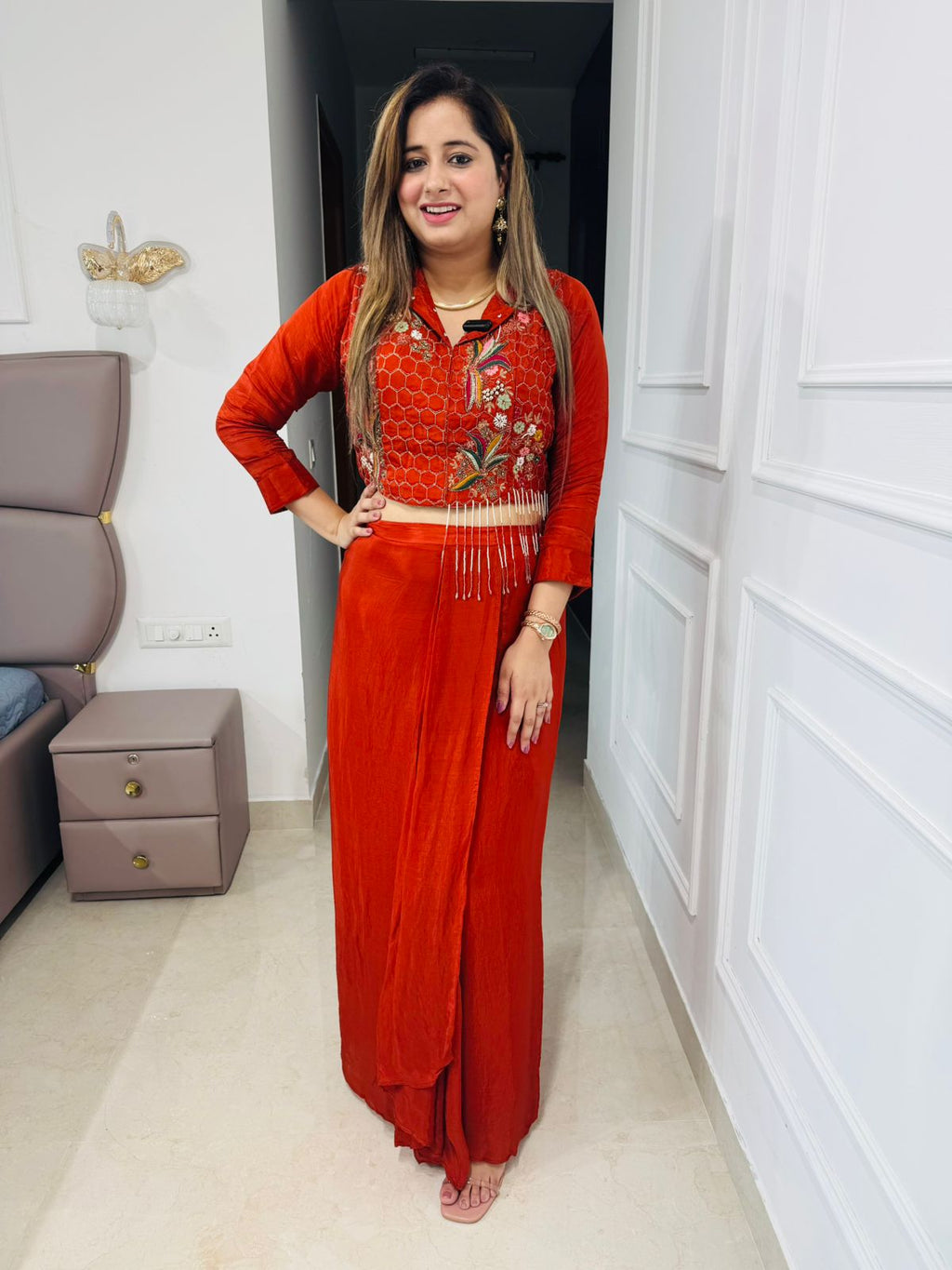 Avira✨ | Designer Orange-Red Drape Set with Fringe & Threadwork Jacket