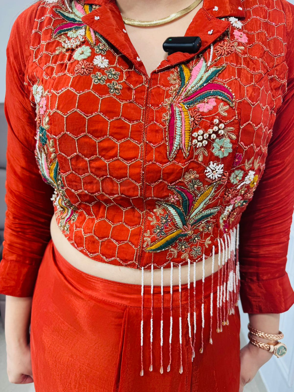 Avira✨ | Designer Orange-Red Drape Set with Fringe & Threadwork Jacket