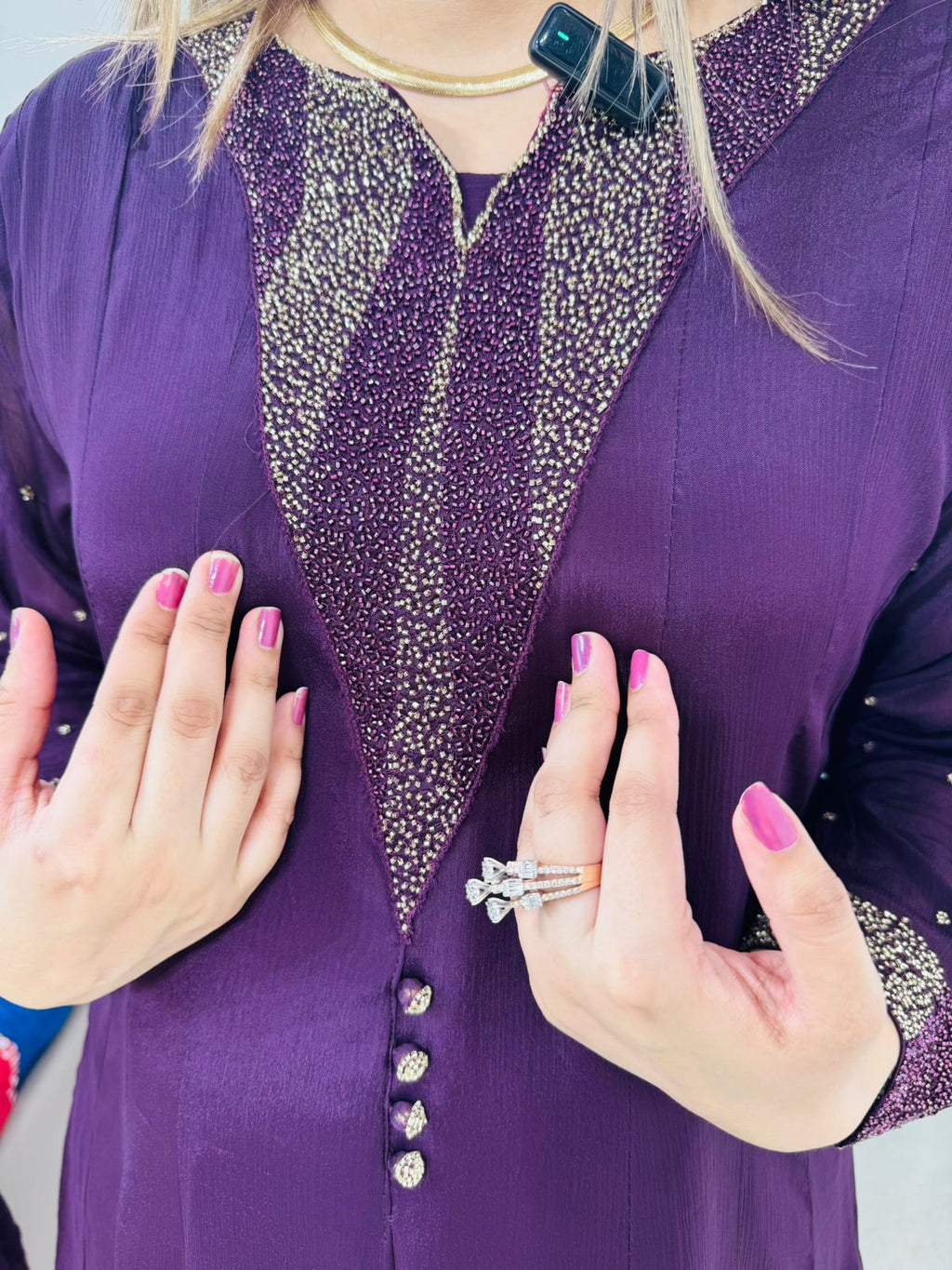 Trima👗 | Wine Purple Front-Slit Flared Suit Set with Glimmer Panel