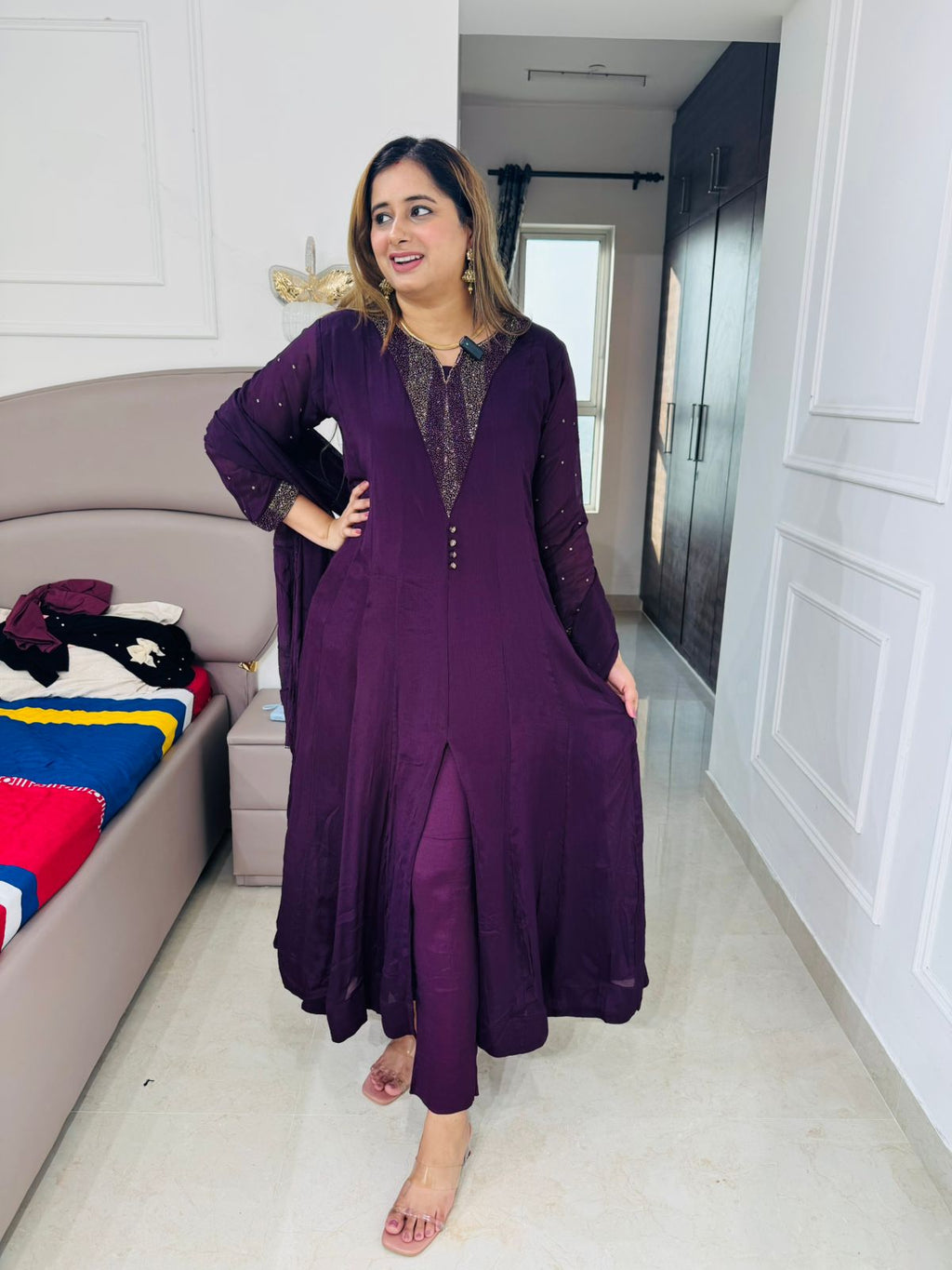 Trima👗 | Wine Purple Front-Slit Flared Suit Set with Glimmer Panel