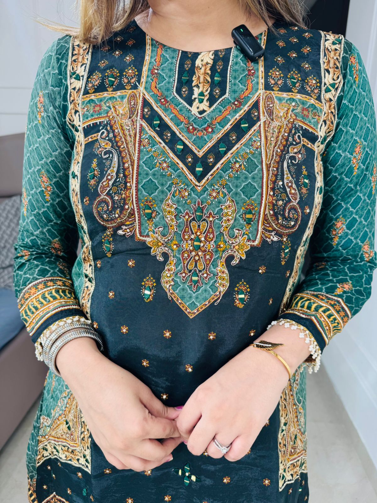 Rema🔥 | Forest Green Traditional Print Straight Suit Set with Gota Detailing