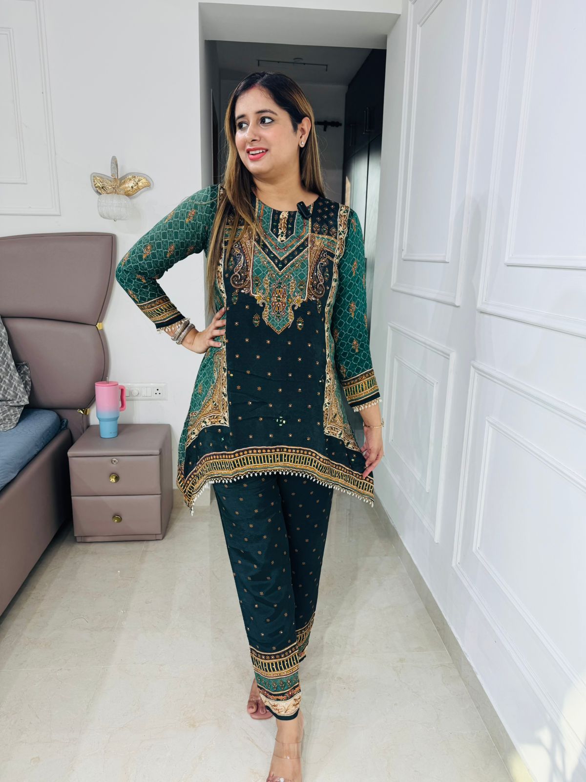 Rema🔥 | Forest Green Traditional Print Straight Suit Set with Gota Detailing