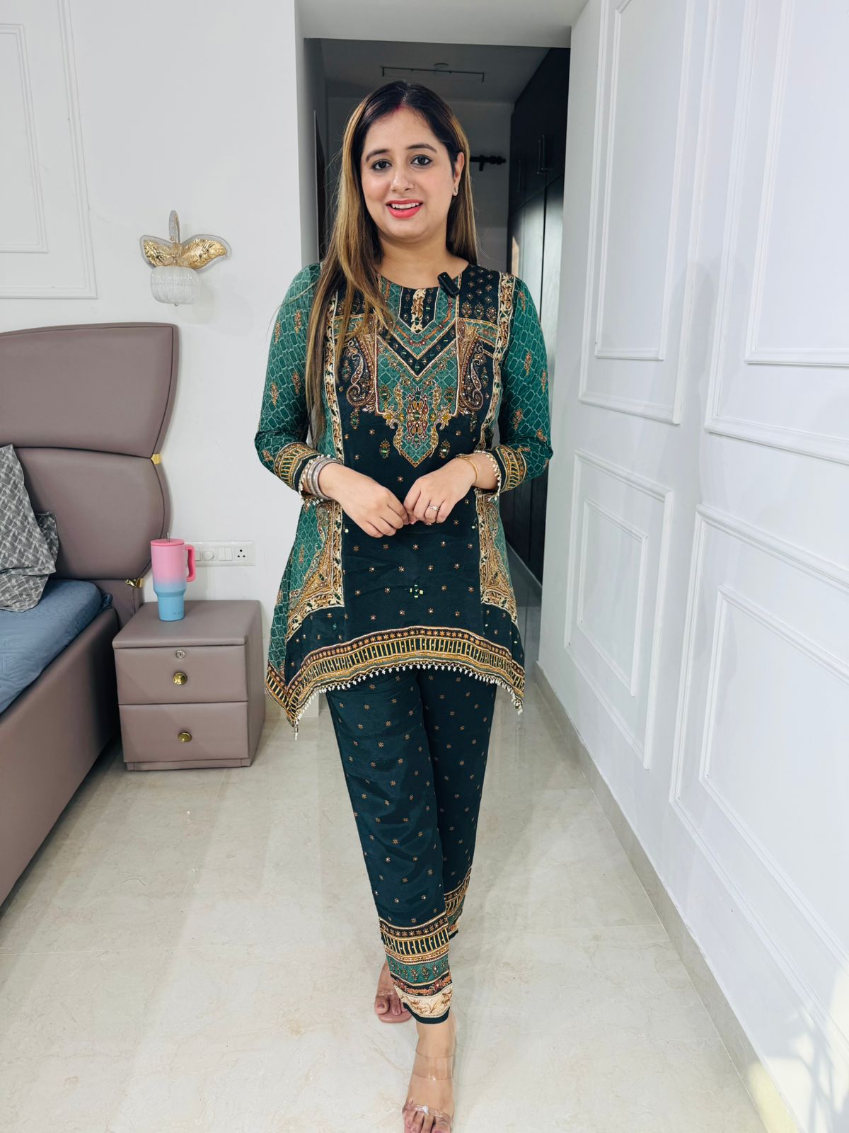 Rema🔥 | Forest Green Traditional Print Straight Suit Set with Gota Detailing