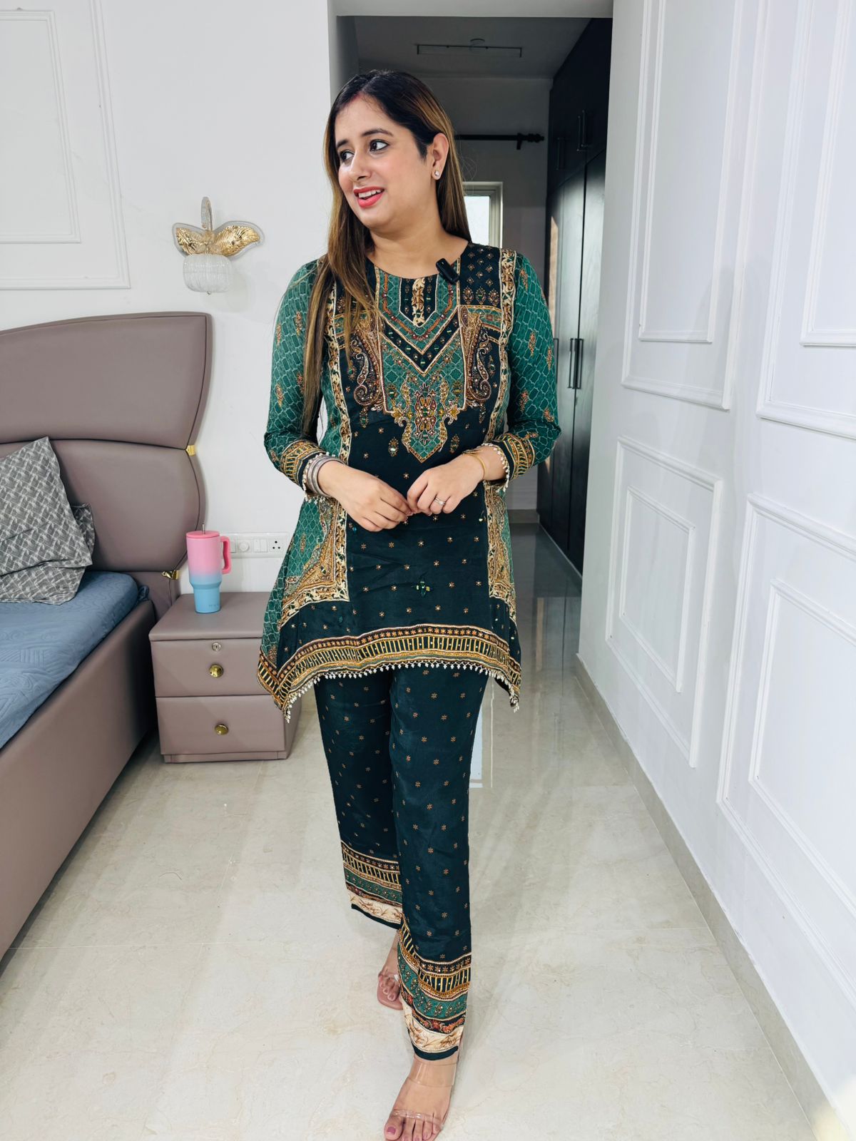 Rema🔥 | Forest Green Traditional Print Straight Suit Set with Gota Detailing