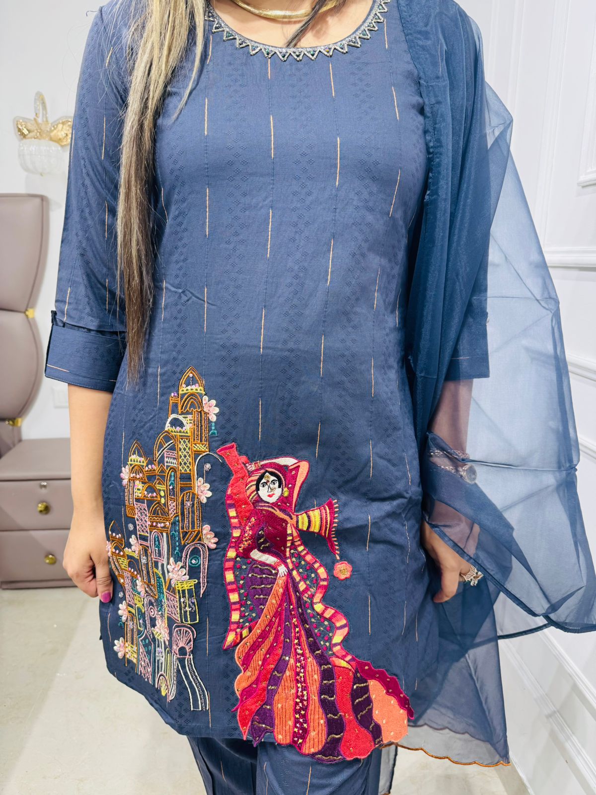Shreya💃 | Designer Navy Straight Suit Set with Handcrafted Rajasthani Art Panel