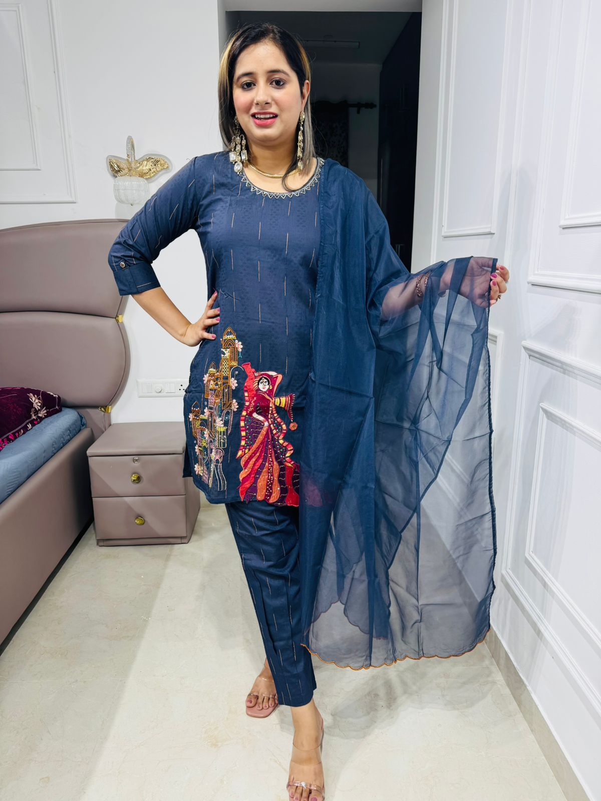 Shreya💃 | Designer Navy Straight Suit Set with Handcrafted Rajasthani Art Panel