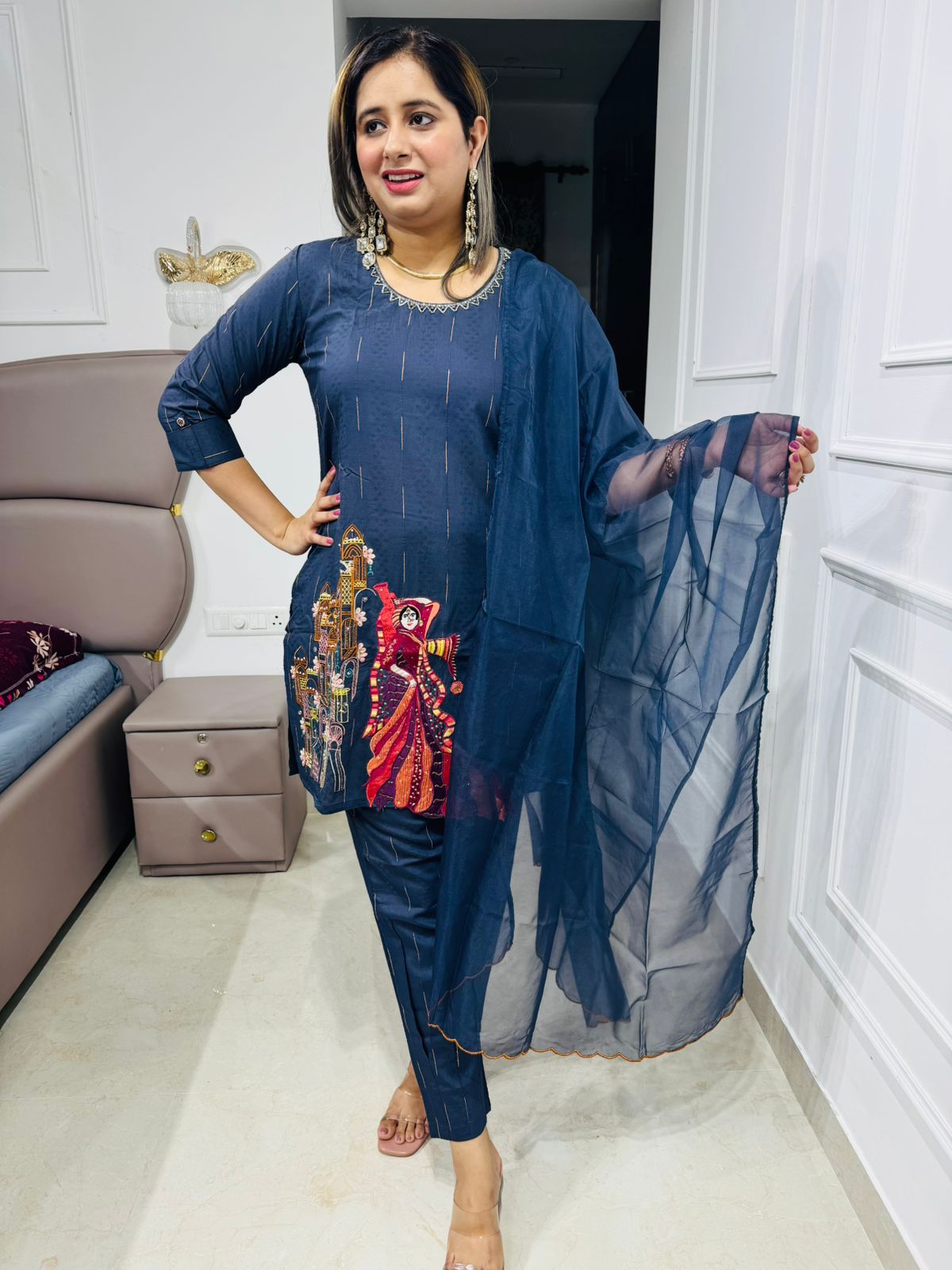 Shreya💃 | Designer Navy Straight Suit Set with Handcrafted Rajasthani Art Panel