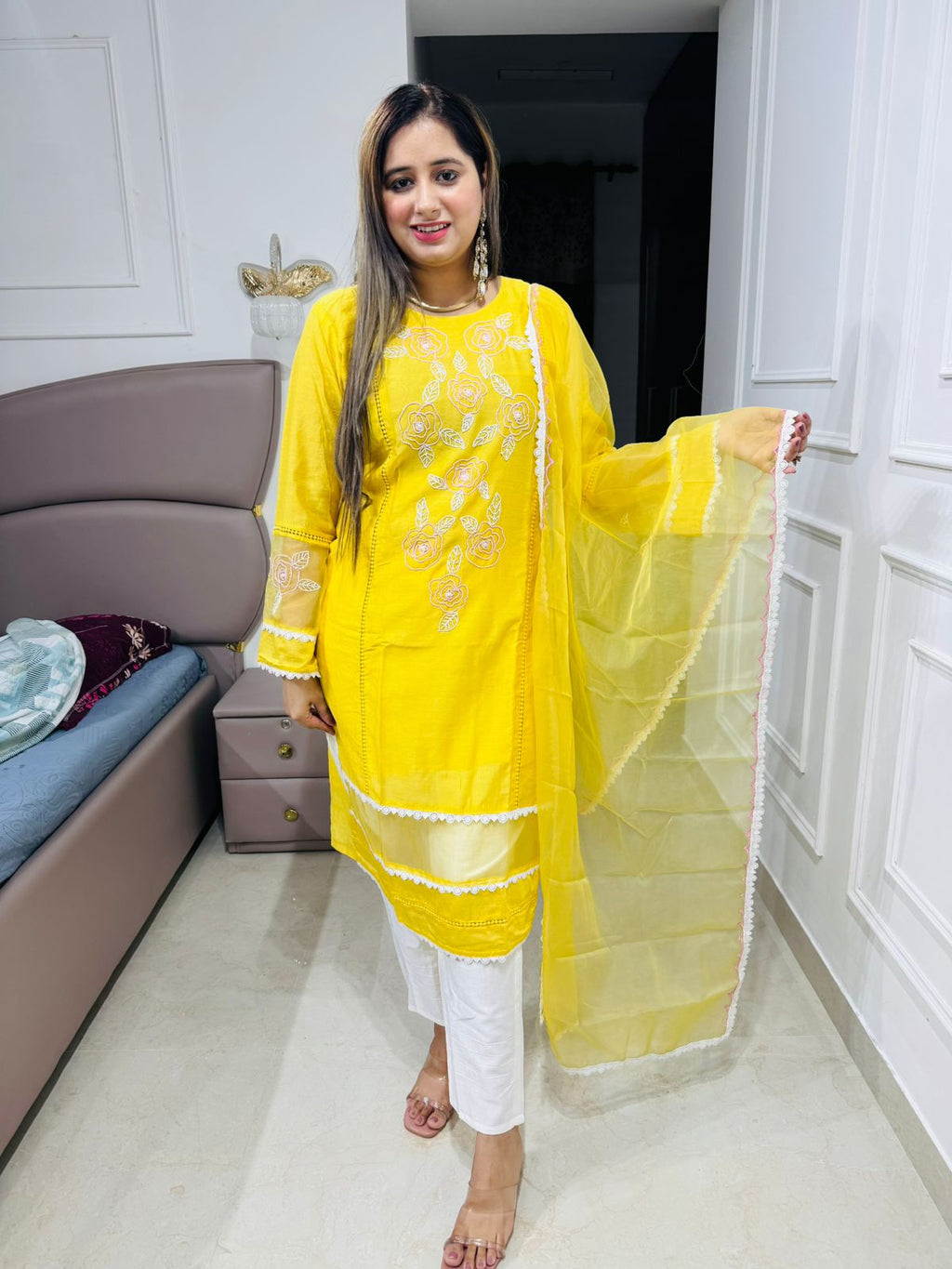 Ritika🌸 | Pastel Yellow Straight Suit Set with Sheer Dupatta and White Detail