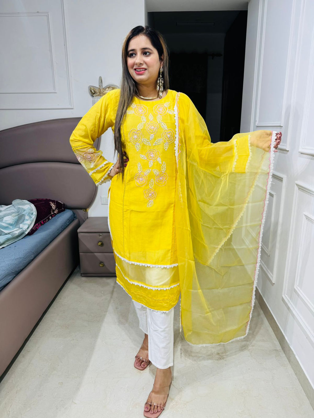 Ritika🌸 | Pastel Yellow Straight Suit Set with Sheer Dupatta and White Detail