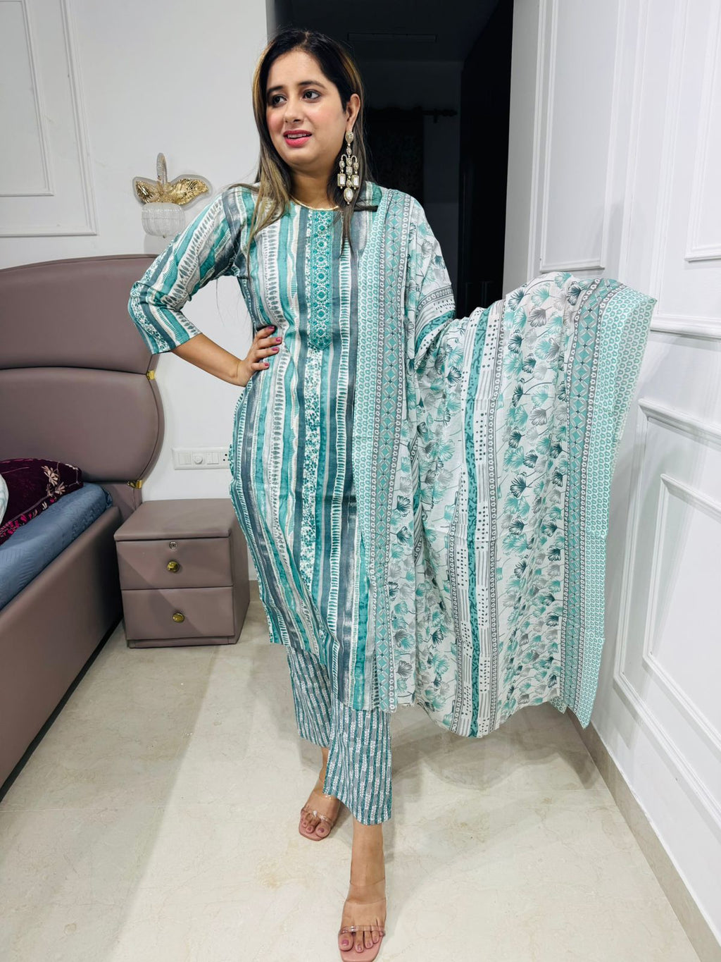 Himani❄️ | Aqua Stripe & Paisley Printed Straight Kurta Set with Botanical Dupatta
