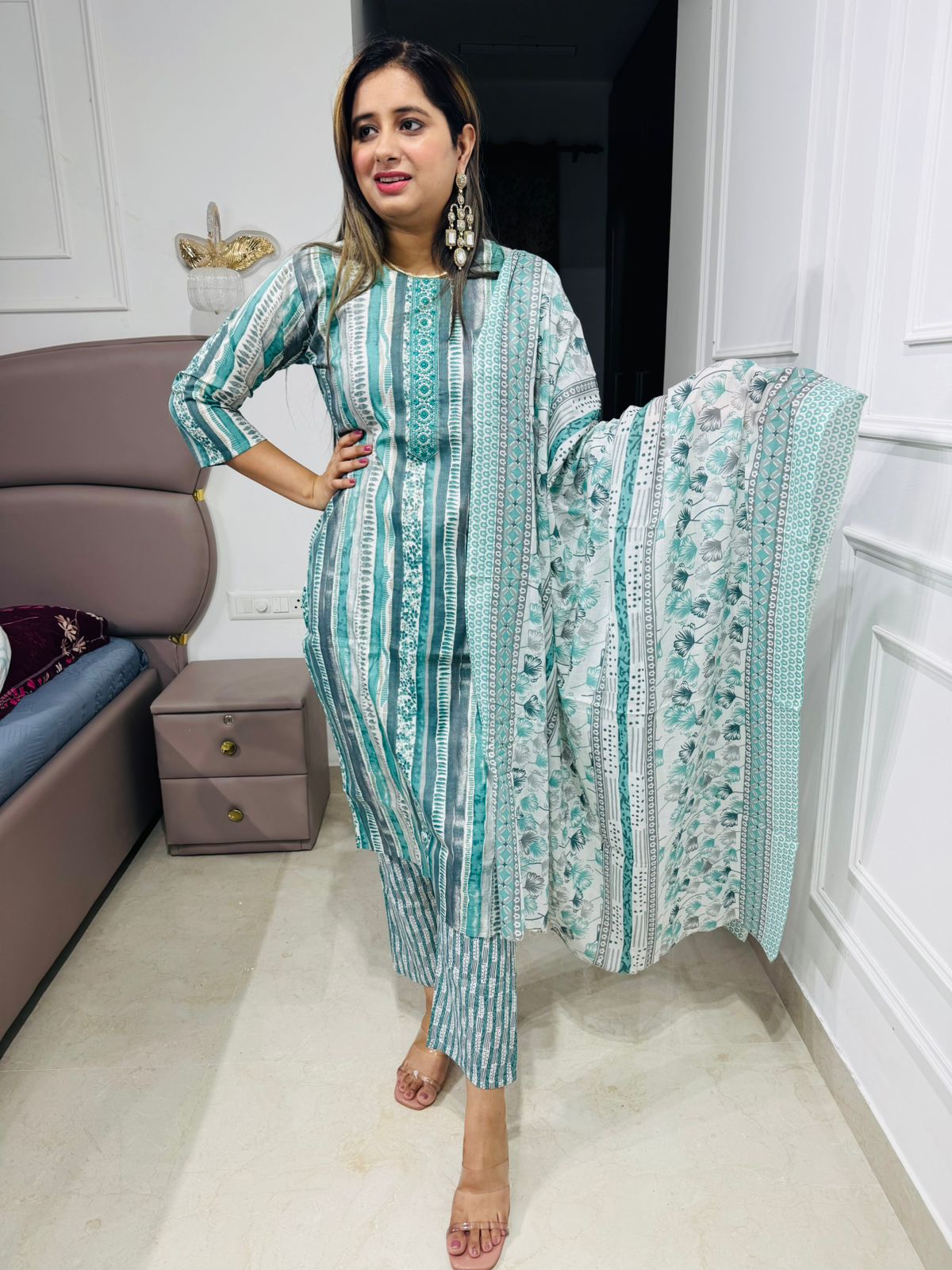 Himani❄️ | Aqua Stripe & Paisley Printed Straight Kurta Set with Botanical Dupatta