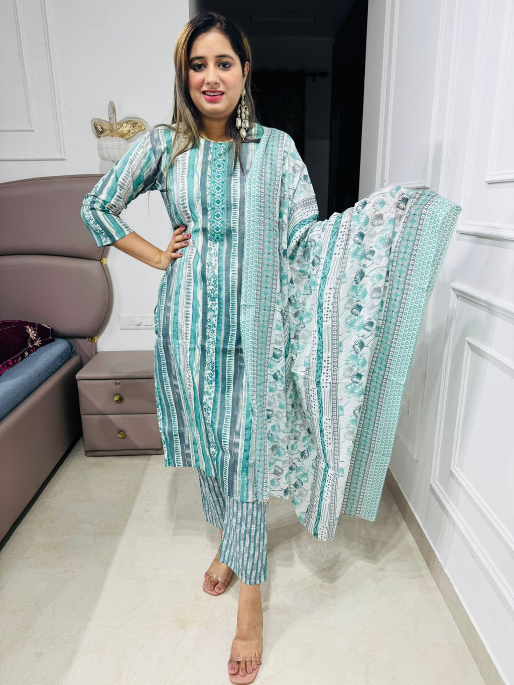 Himani❄️ | Aqua Stripe & Paisley Printed Straight Kurta Set with Botanical Dupatta