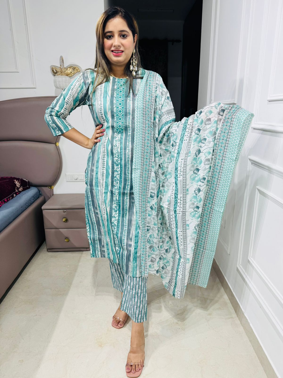Himani❄️ | Aqua Stripe & Paisley Printed Straight Kurta Set with Botanical Dupatta