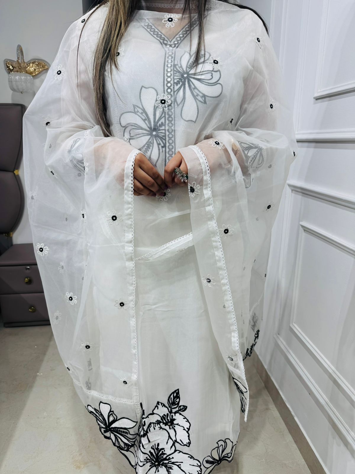 Nishu 🕊️ | Designer Ivory Kurta Set with Statement Floral Borders and Net Dupatta