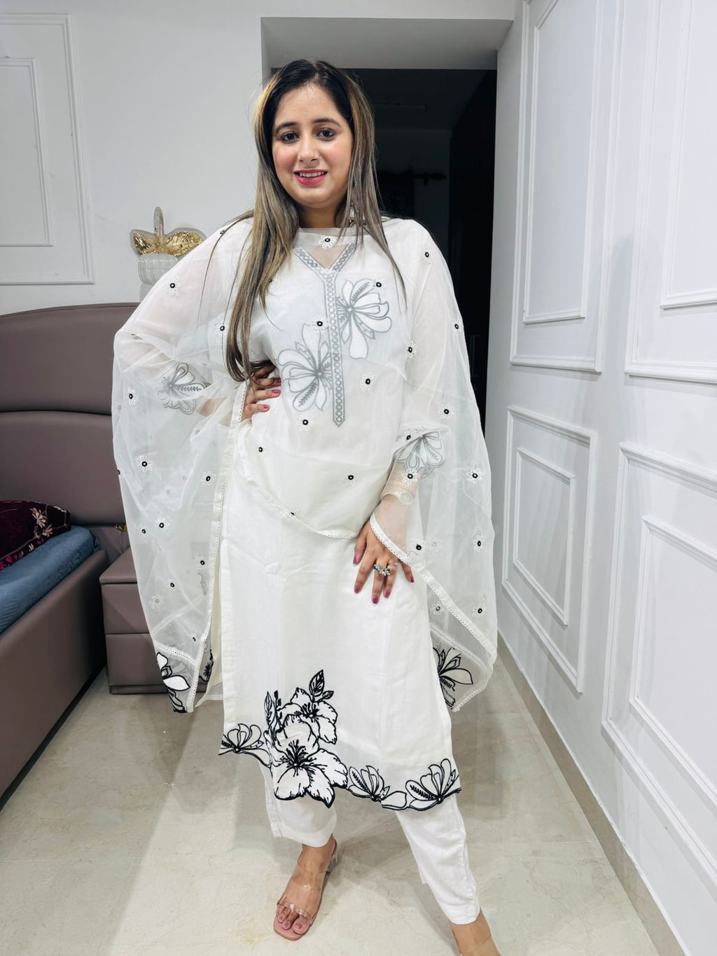 Nishu 🕊️ | Designer Ivory Kurta Set with Statement Floral Borders and Net Dupatta