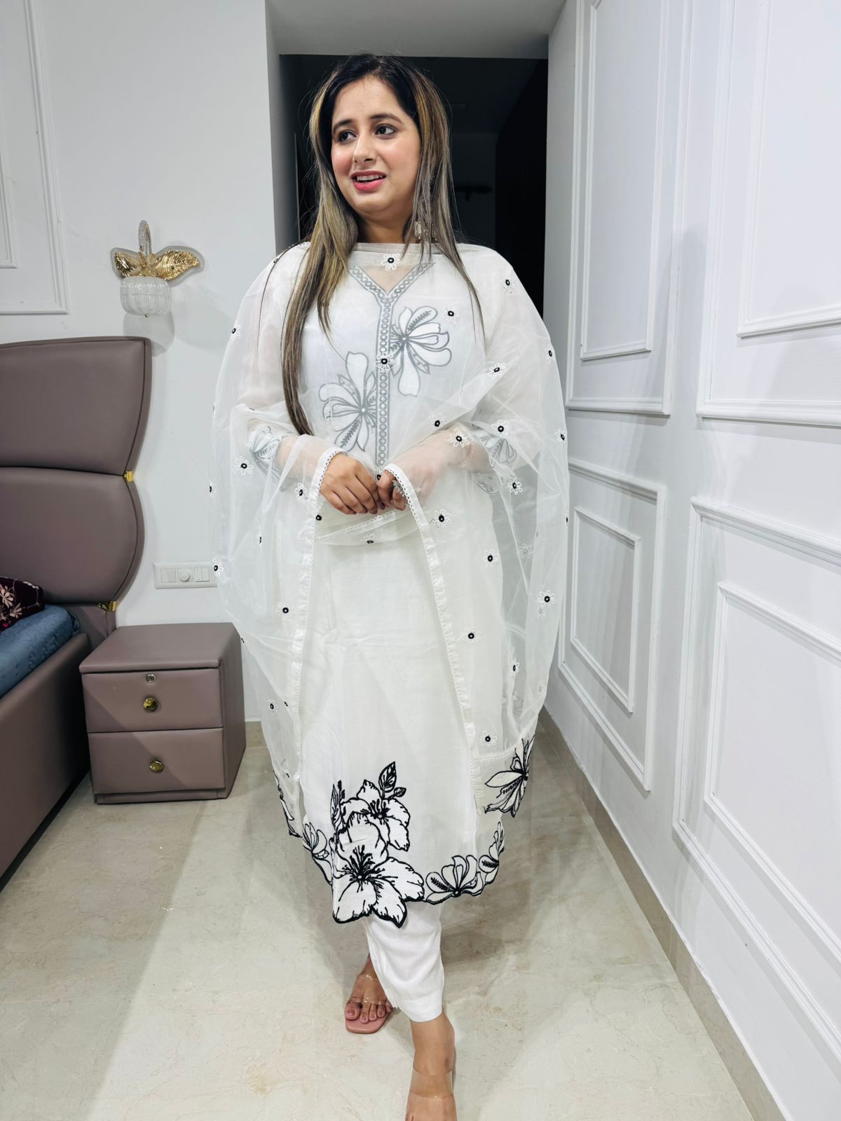 Nishu 🕊️ | Designer Ivory Kurta Set with Statement Floral Borders and Net Dupatta